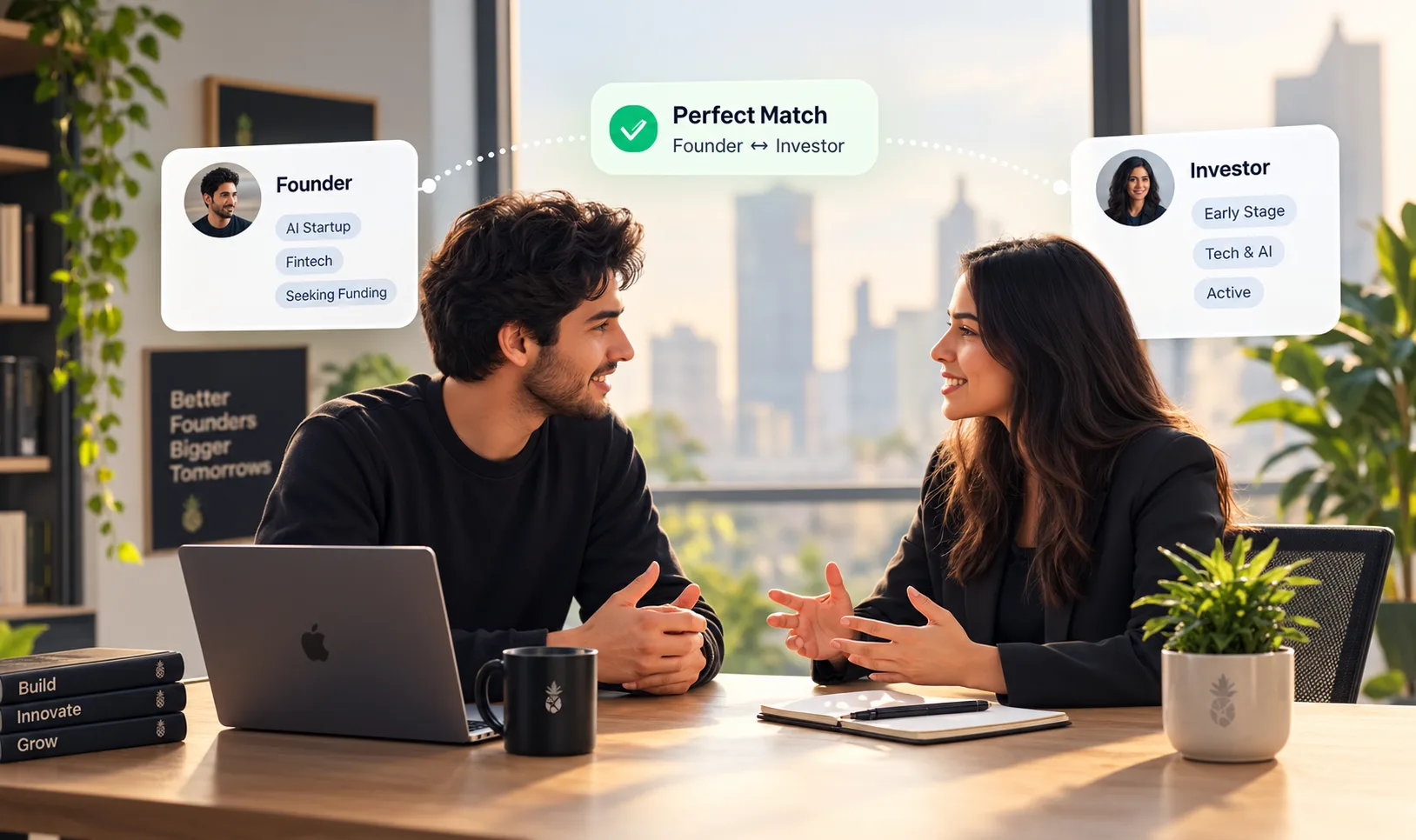 A founder and an investor talking at a table, with floating Founder and Investor profile cards connected by a verified match badge above them