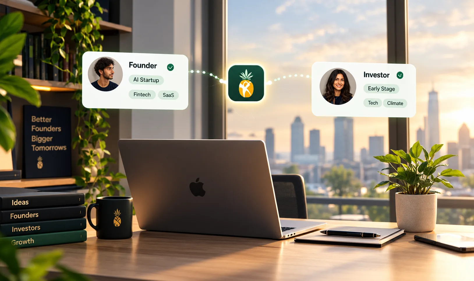 A founder's desk with a laptop and a Kavan mug, with floating Founder and Investor profile cards connected through the Kavan pineapple mark above it