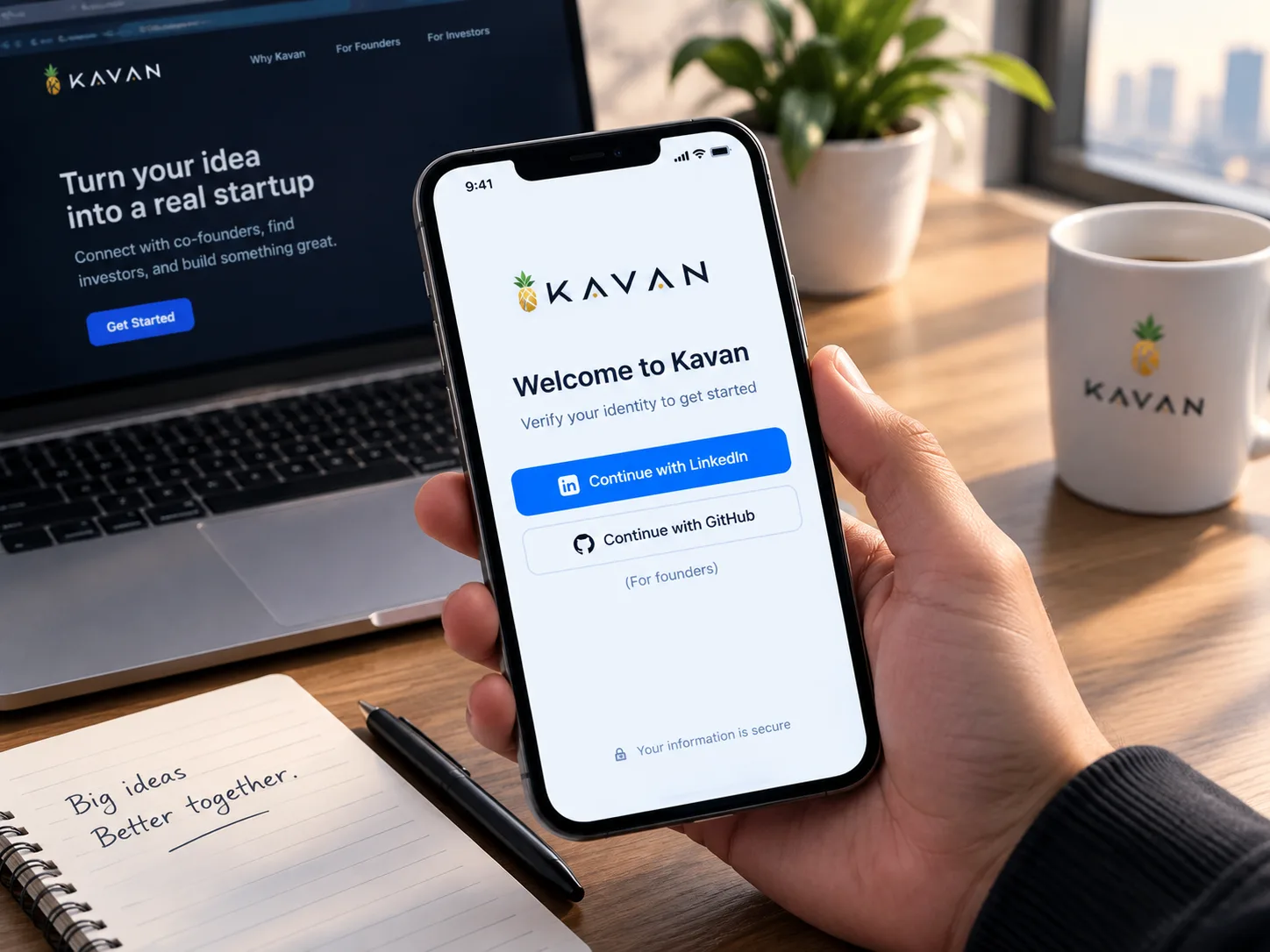 A phone showing the Kavan sign-in screen with Continue with LinkedIn and Continue with GitHub buttons, next to a laptop showing the Kavan landing page