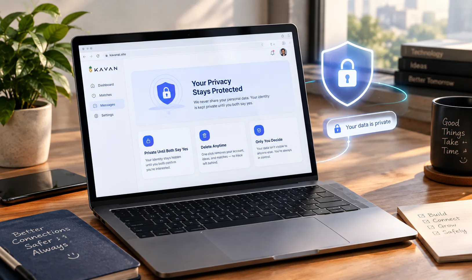 A laptop showing Kavan's privacy settings — private until both say yes, delete anytime, only you decide — next to a glowing shield and padlock
