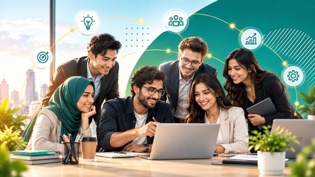 A founding team gathered around a laptop, reviewing their product together