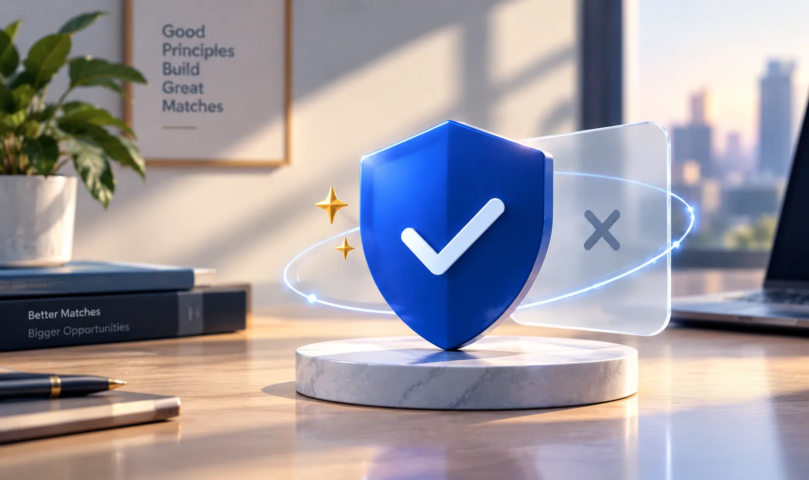 A blue verified shield with a checkmark, next to a faded rejected X card, on a desk with a 'Good Principles Build Great Matches' poster behind it